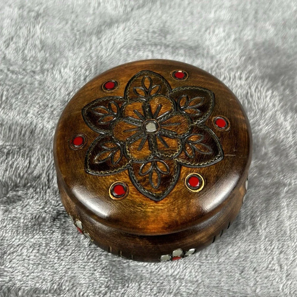 Vintage Hand Carved Wooden Trinket Box Round Floral Relief Lid Rustic Jewelry...